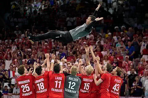 Paris Olympics Handball: Denmark players celebrate their victory after the gold medal match against Germany